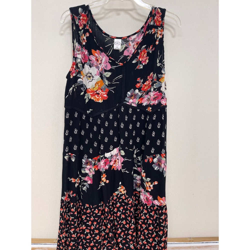 Bila Womens Floral Patchwork Tiered Midi Dress Black Pink Boho Sleeveless Medium